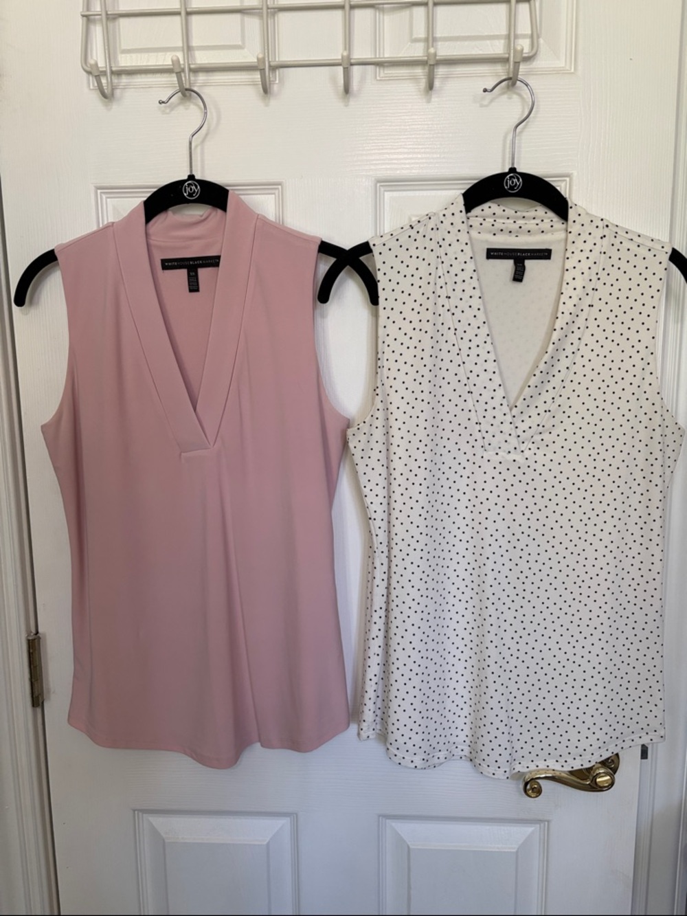 2 White House Black Market Sleeveless Lined V-Neck Tops: Pink White Polka Dot